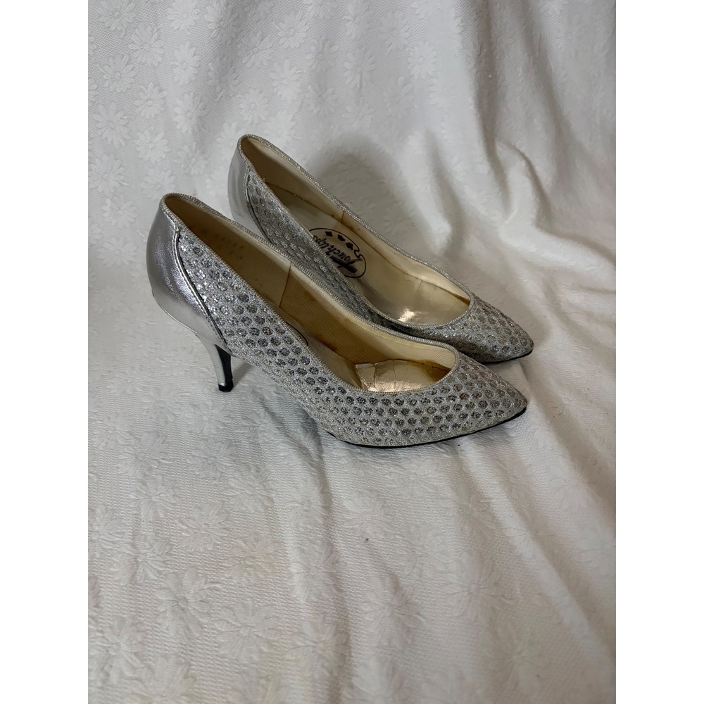 Touch Ups VintageRetro GlamourY2K Silver Glitter Mesh Pointed Toe Pumps Heels 6B